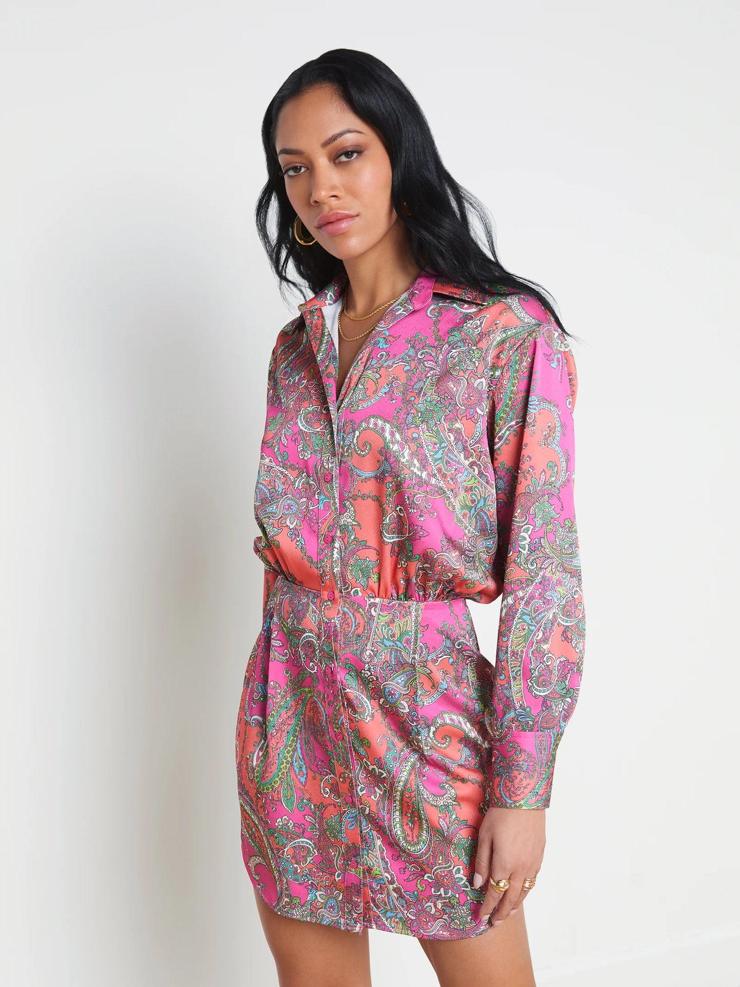 Demetria Mini Shirt Dress Rhodamine Multi Bright Pop Paisley - L'AGENCE