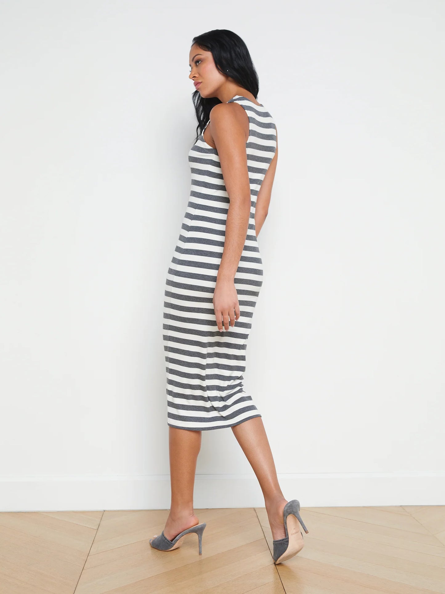 Nura Sleeveless Midi Dress Marengo White Stripe - L'AGENCE