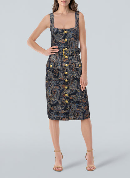 Idy Button Front Dress Midnight Multi Etched Paisley - L'AGENCE