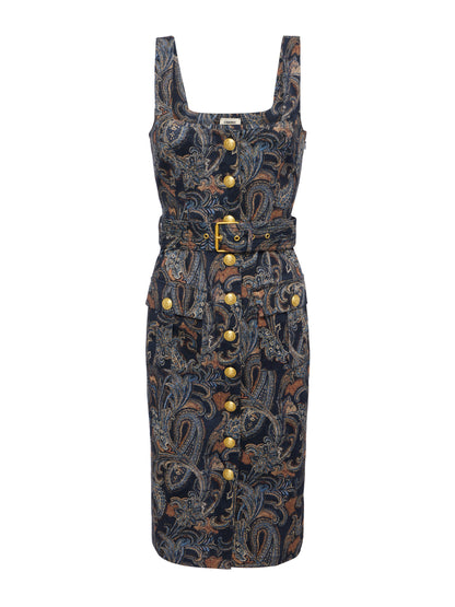 Idy Button Front Dress Midnight Multi Etched Paisley - L'AGENCE