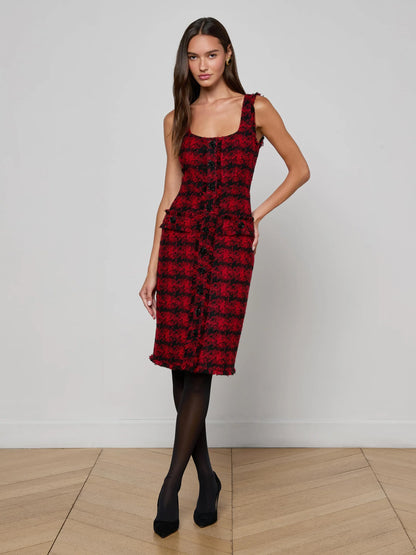 Aya Tweed Midi Dress Red Black Houndstooth - L'AGENCE