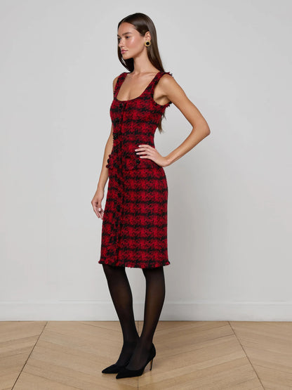 Aya Tweed Midi Dress Red Black Houndstooth - L'AGENCE