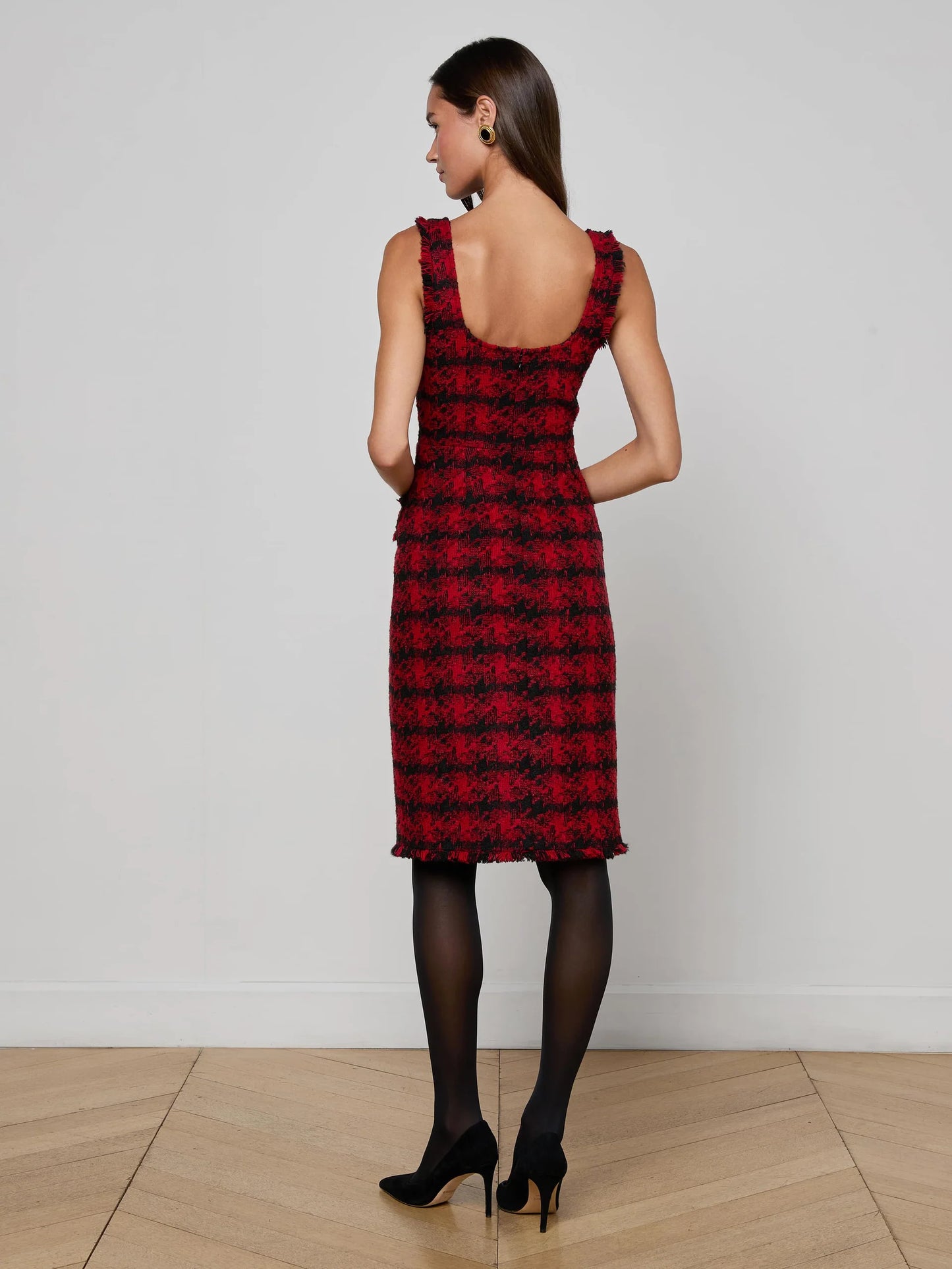 Aya Tweed Midi Dress Red Black Houndstooth - L'AGENCE