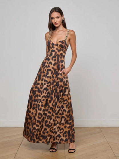 Sutton Beaded Strap Maxi Dress Tan/Black Large Leopard - L'AGENCE