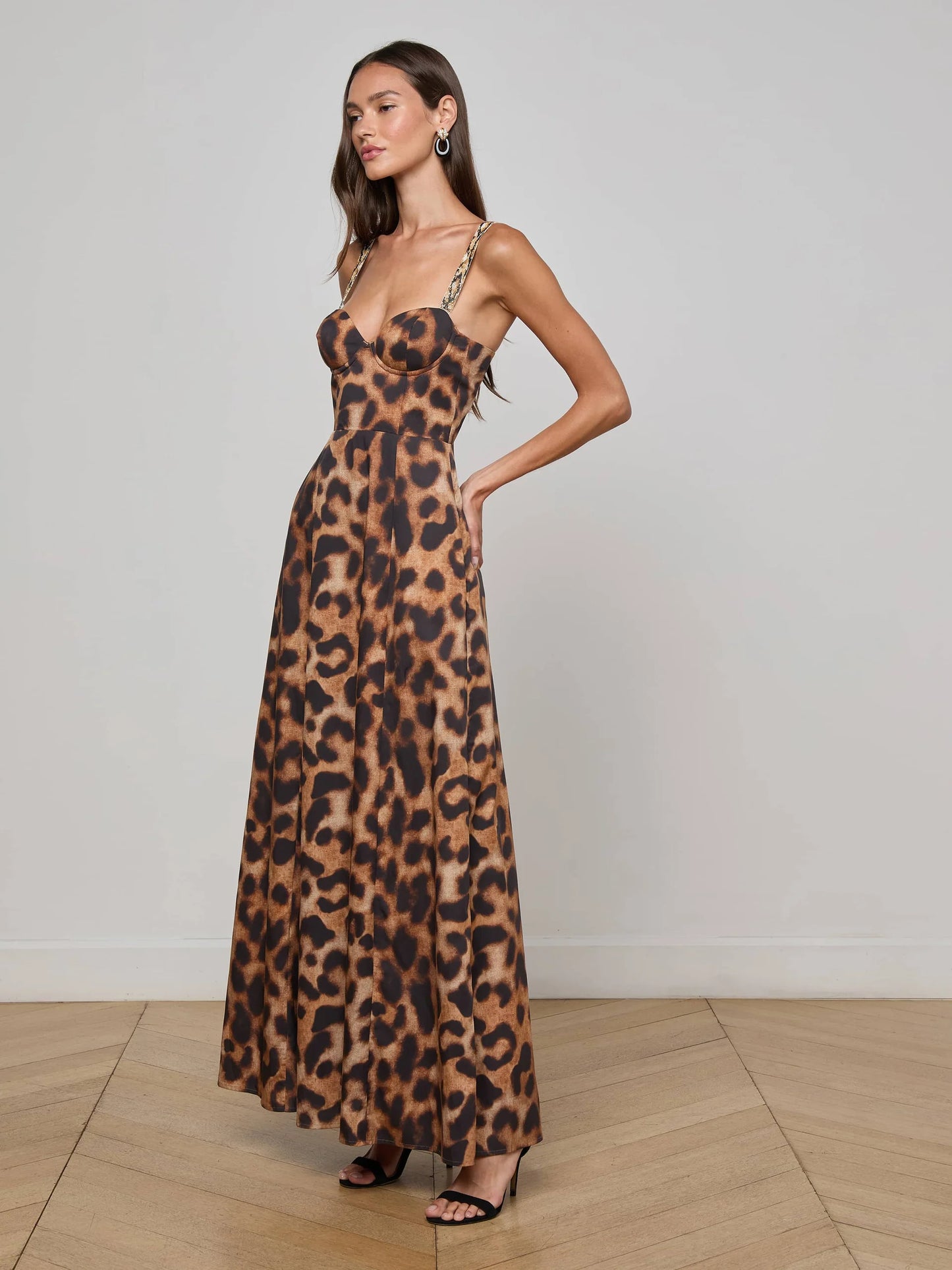 Sutton Beaded Strap Maxi Dress Tan/Black Large Leopard - L'AGENCE