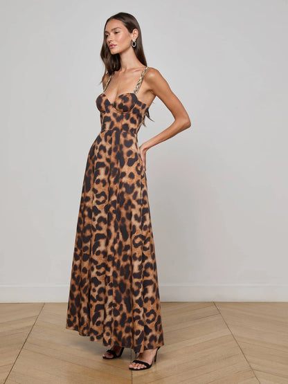 Sutton Beaded Strap Maxi Dress Tan/Black Large Leopard - L'AGENCE