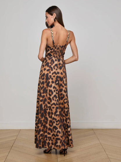 Sutton Beaded Strap Maxi Dress Tan/Black Large Leopard - L'AGENCE