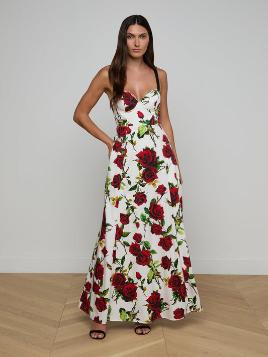 Sutton Beaded Strap Gown White/Red Romantic Rose - L'AGENCE