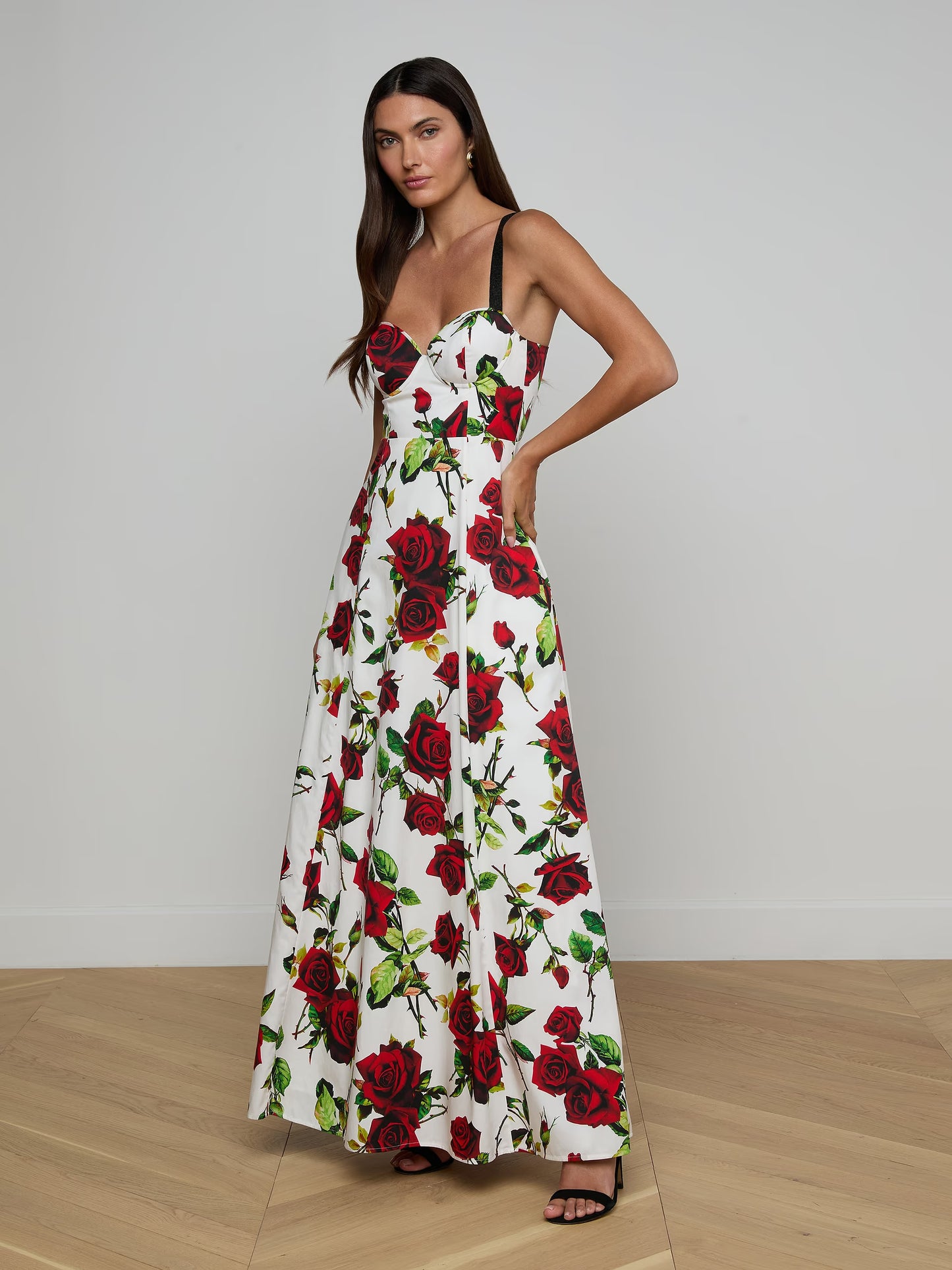 Sutton Beaded Strap Gown White/Red Romantic Rose - L'AGENCE
