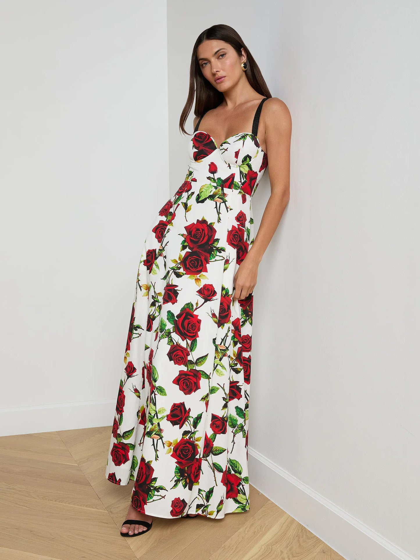 Sutton Beaded Strap Gown White/Red Romantic Rose - L'AGENCE