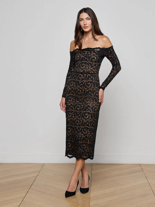 Lindsay Sequined Lace Dress Black - L'AGENCE