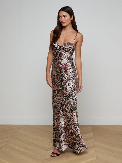 Sayla Silk Gown Multi Large Rose Cheetah - L'AGENCE