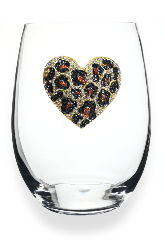 Leopard Heart Jeweled Stemless Wine Glass - The Queens Jewels