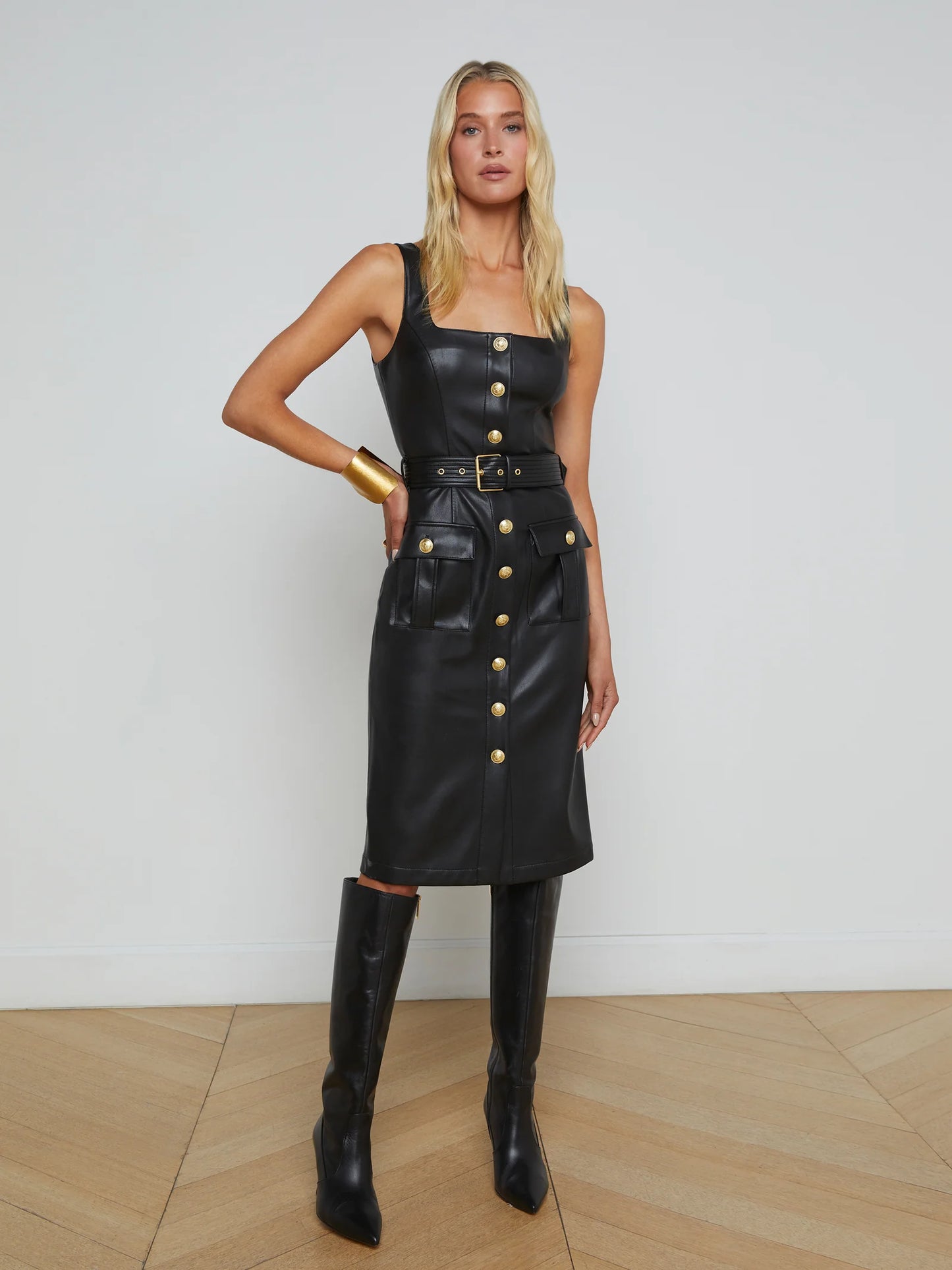 Idy Button Front Dress Black Leather/Gold - L"AGENCE