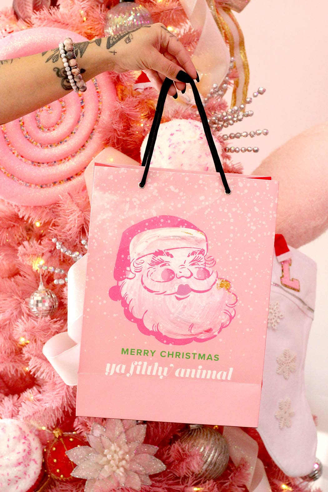 Funny Cute Santa Pink Christmas Holiday Gift Bag Stocking - Kitty Meow Boutique