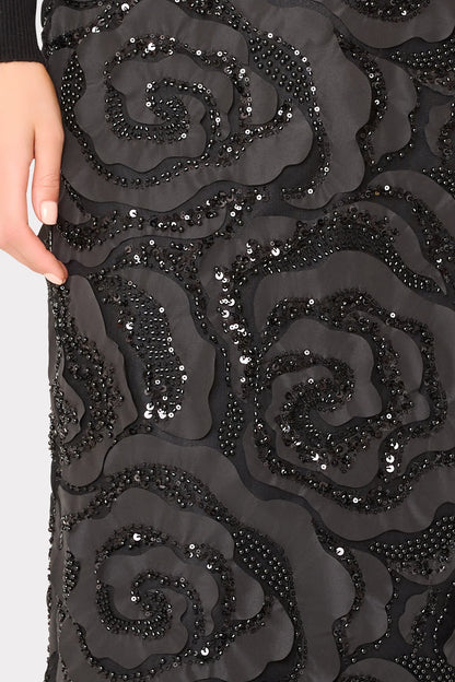 Rosemary Beaded Rosette Midi Skirt Blak - Milly