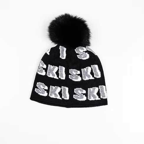 Ski Beanie Fox Pom Pom Black - Mitchie's
