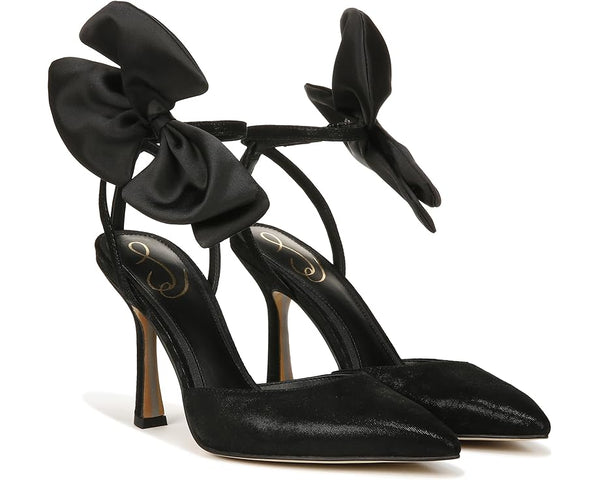 Black Napa Leather Greta Heels with Grosgrain Ribbon Bow & ankle Strap,  Handmade in Italy - James Ascher