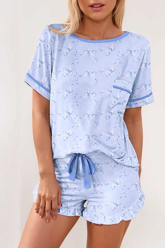Wavy Bow Pajama Short Set Blue - Jackie Z Style Co.