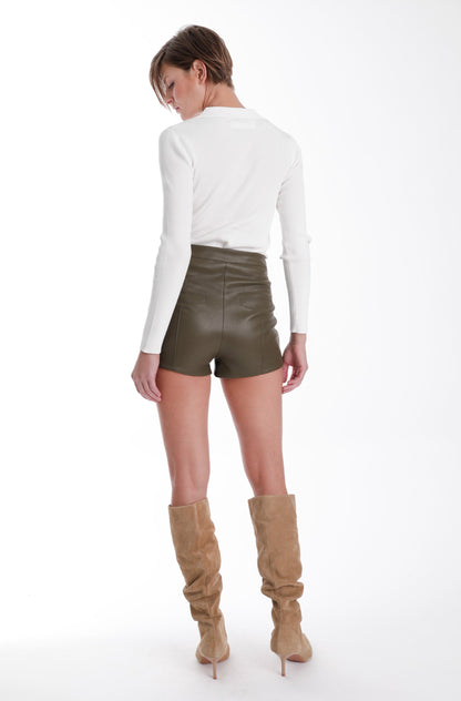 Mona Vegan Leather Mini Shorts Olive - Karina Grimaldi