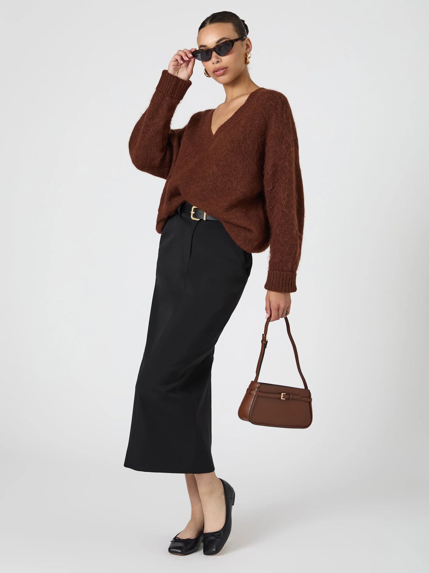 Fluffy V Neck Oversized Sweater Chocolate - French Connection