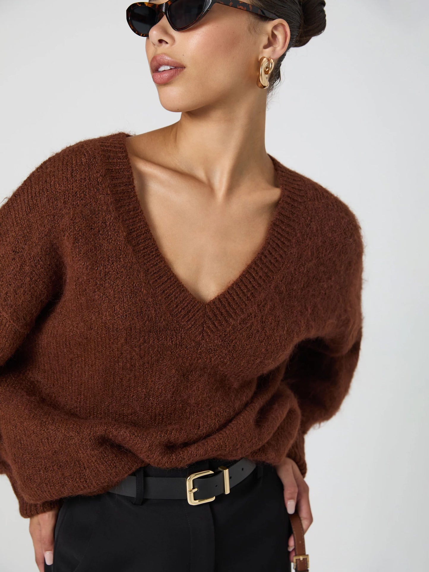 Fluffy V Neck Oversized Sweater Chocolate - French Connection