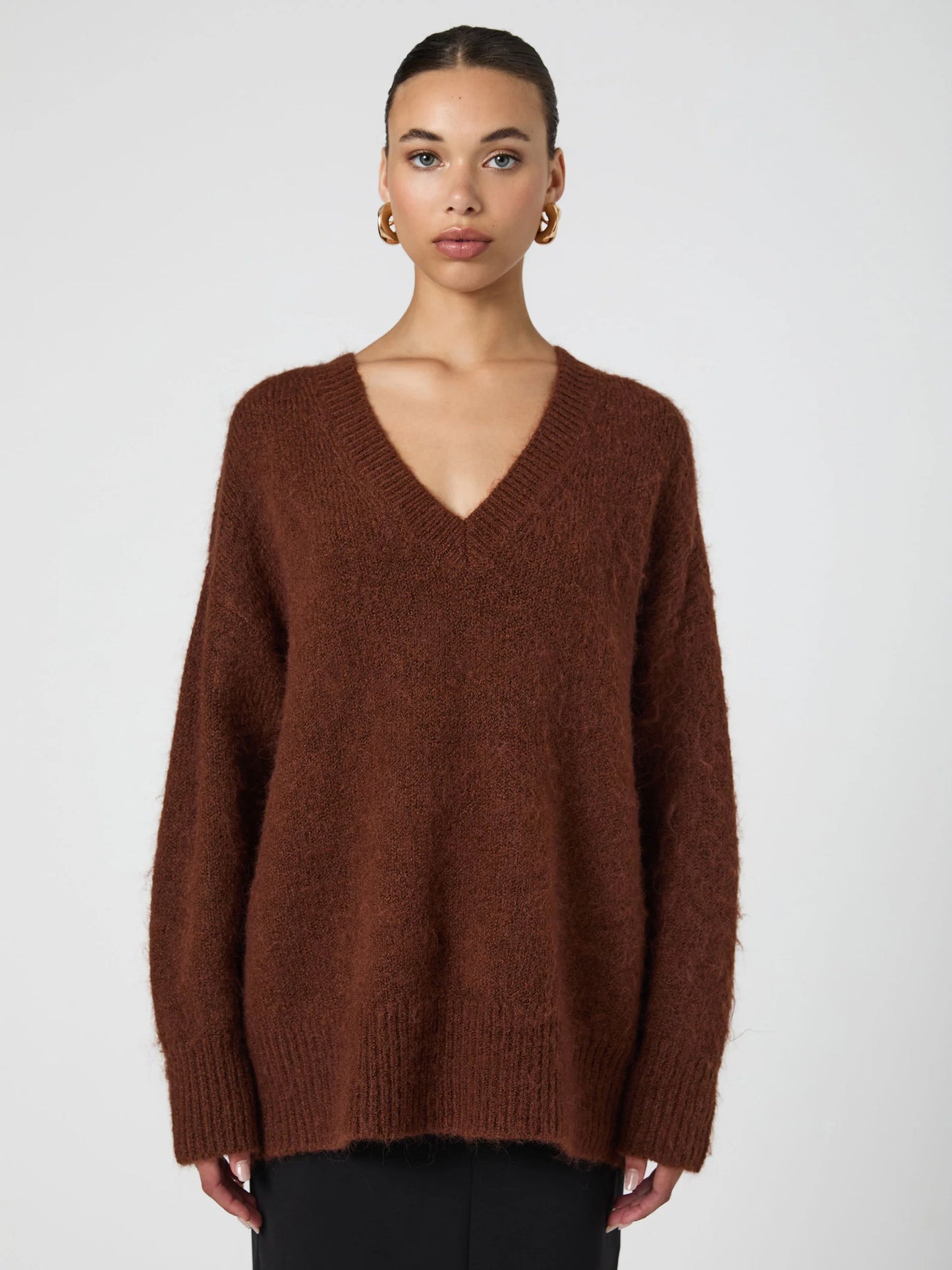 Fluffy V Neck Oversized Sweater Chocolate - French Connection