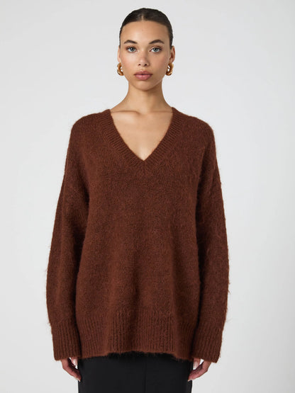 Fluffy V Neck Oversized Sweater Chocolate - French Connection