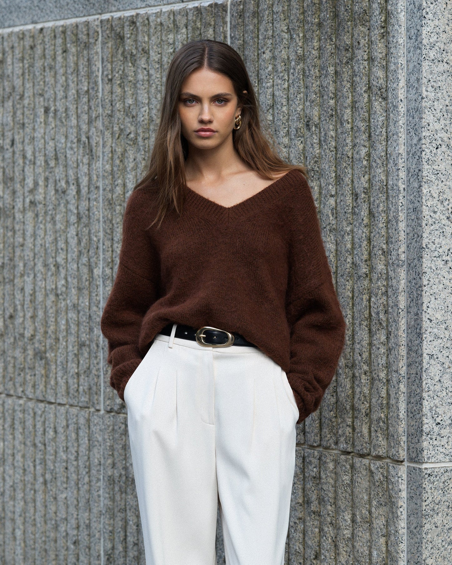 Fluffy V Neck Oversized Sweater Chocolate - French Connection