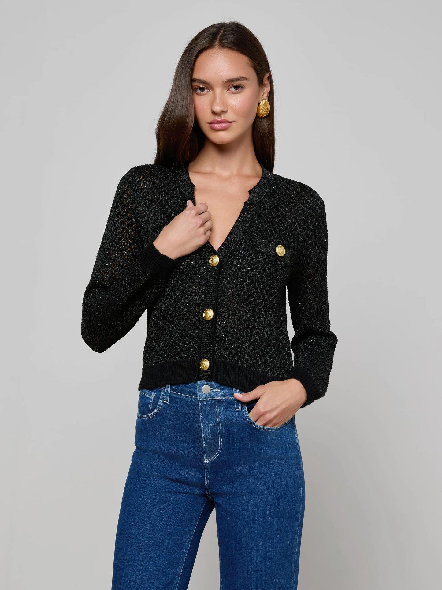 Blanca Sequin Cardigan Black Gunmetal/Gold - L'AGENCE