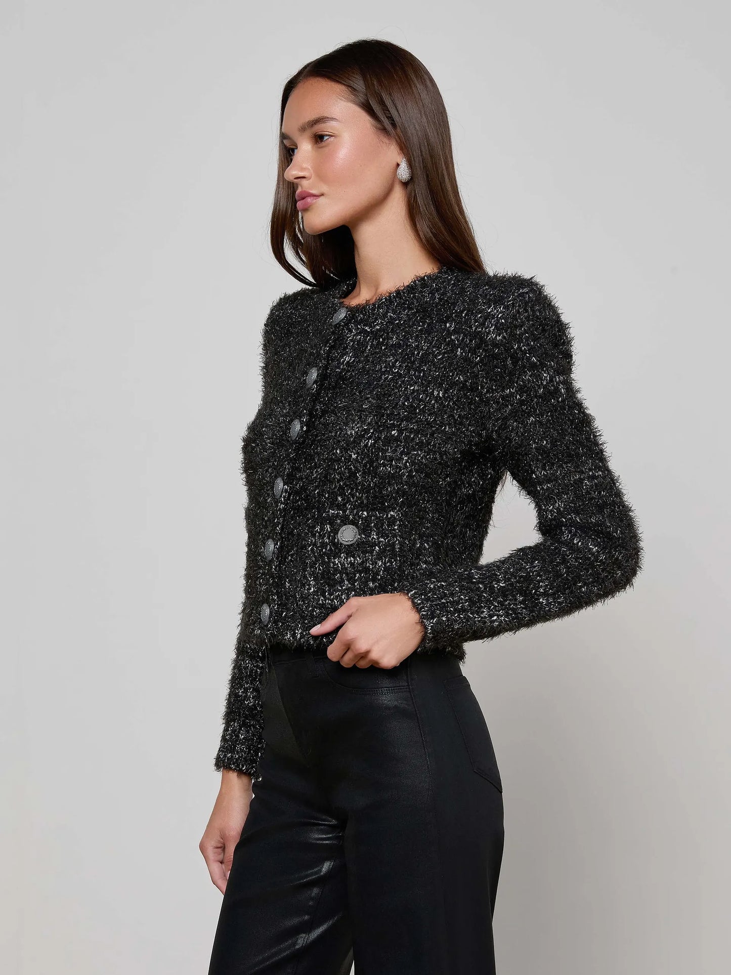 Una Knit Cardigan Black/Gunmetal Lurex Multi - L'AGENCE