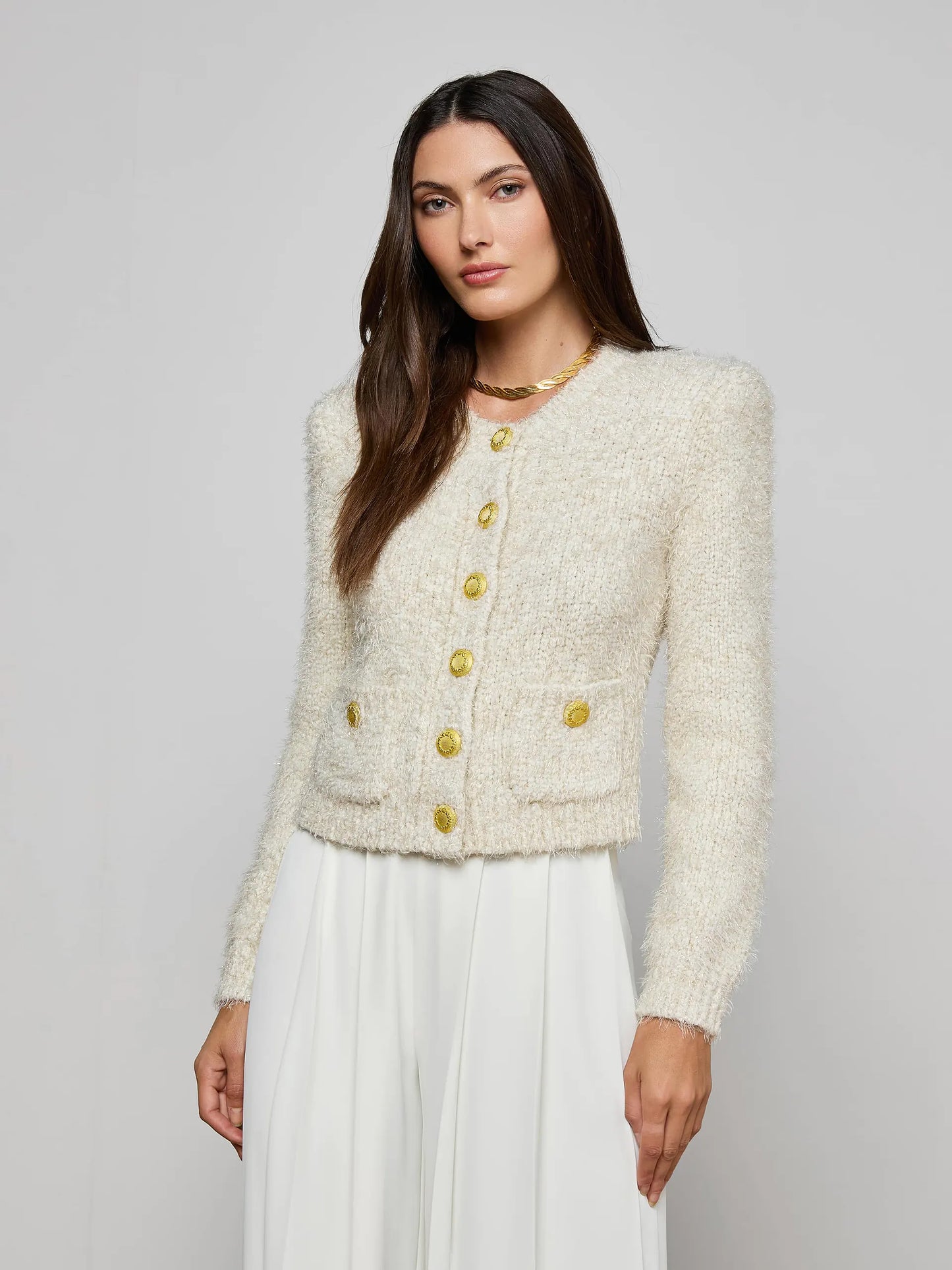 Una Knit Cardigan Ivory/Gold Lurex Multi - L'AGENCE