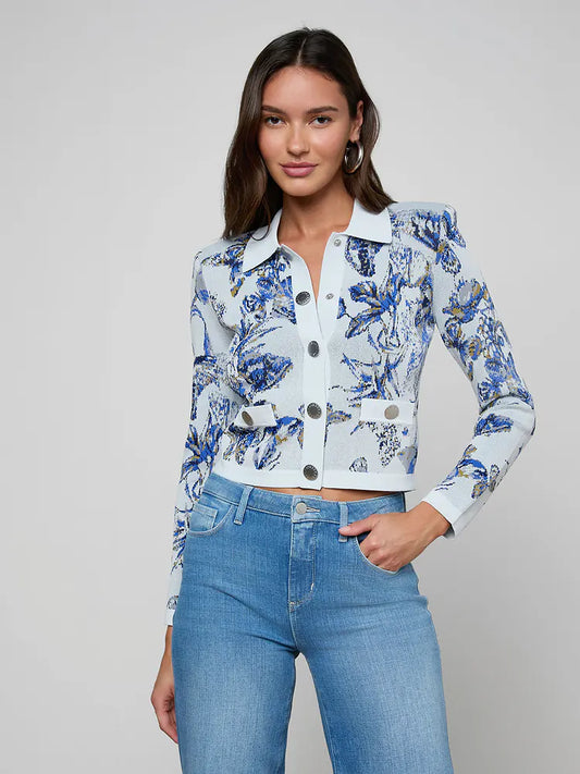Osiris Jacquard Cardigan Grey Multi Watercolor Butterfly - L'AGENCE