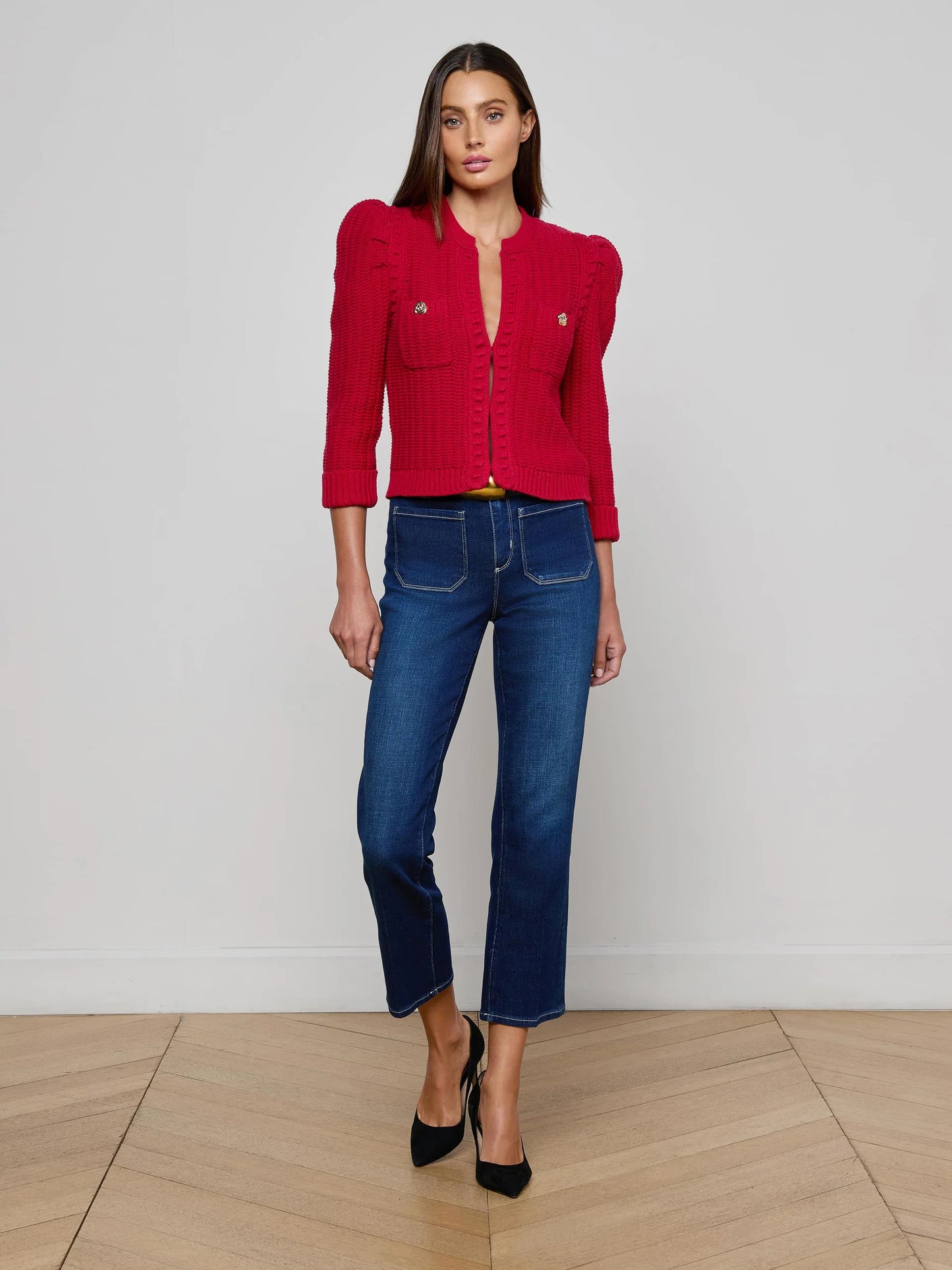 Delli Cropped Cardigan Engine Red/Gold - L'AGENCE