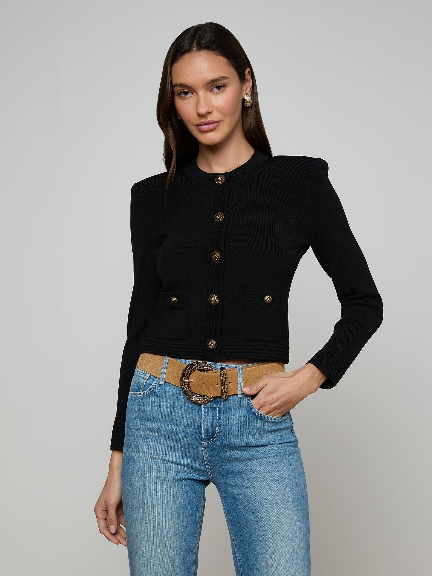 Patsy Cropped Cardigan Black/Gold - L'AGENCE