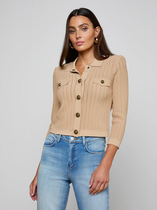 Risa Collared Cardigan Light Almond/Gold - L'AGENCE