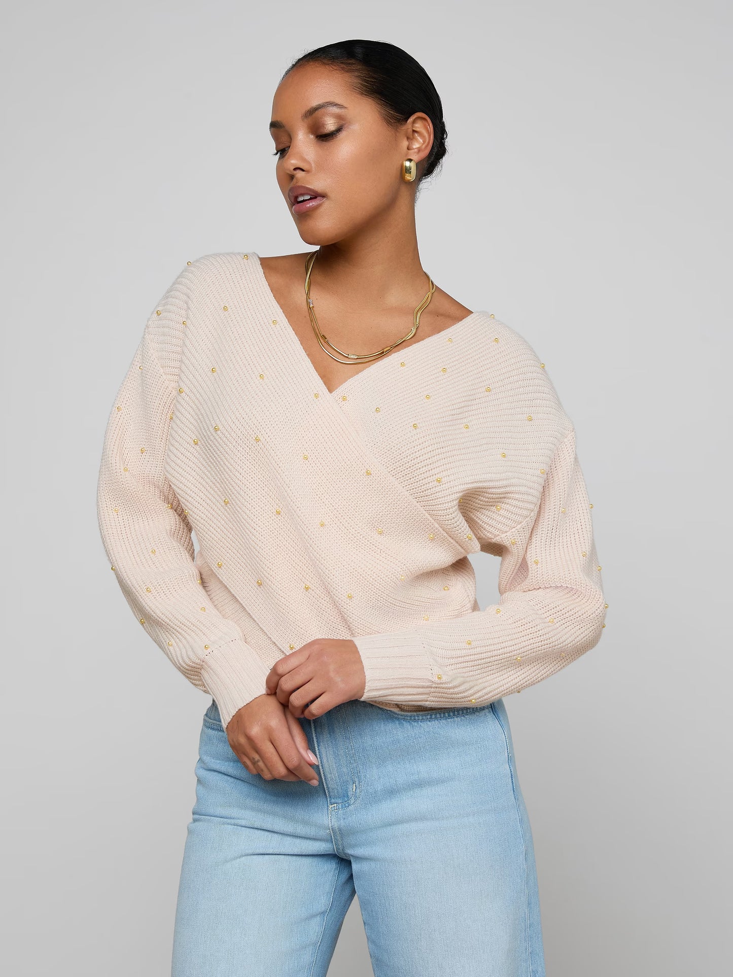 Antonella Crossover Sweater Soft Blush/Gold - L'AGENCE