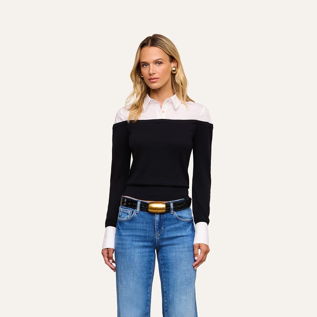 Mathilde Poplin Collar Pullover Black/White - L'AGENCE