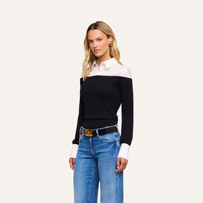 Mathilde Poplin Collar Pullover Black/White - L'AGENCE