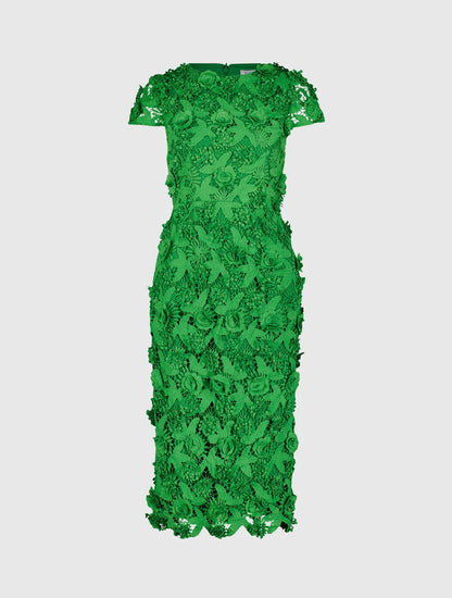 Floral Lace Fitted Short Sleeve Midi Dress Spring Green - MAC DUGGAL