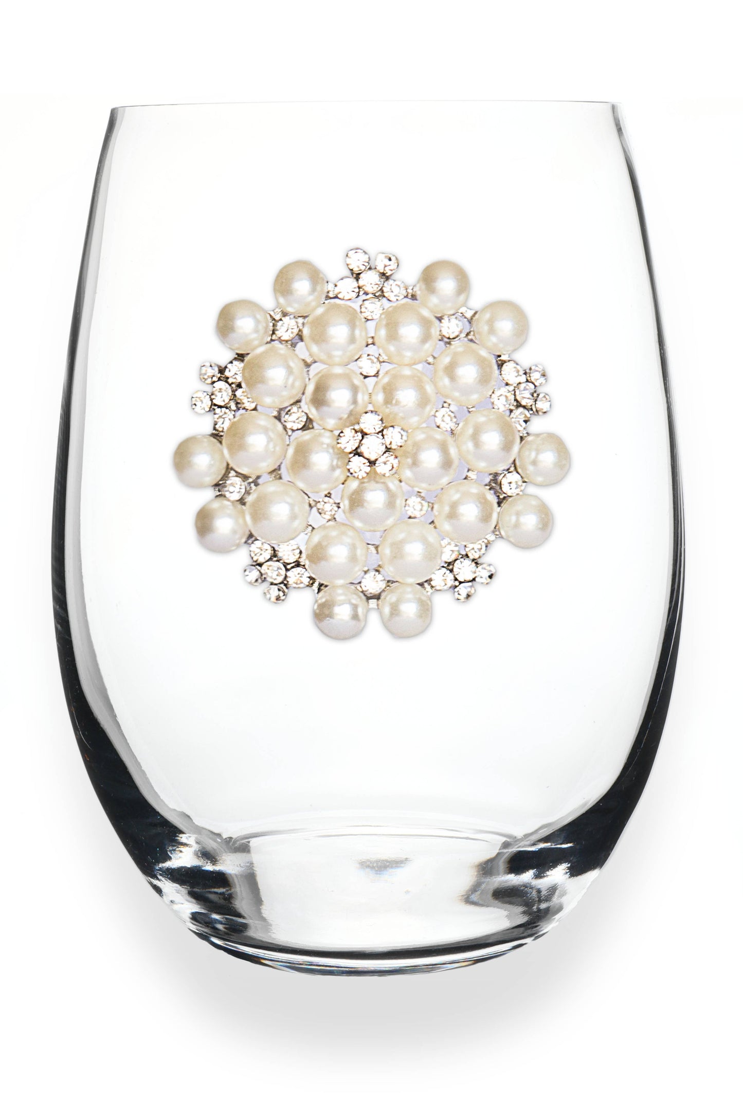 Round Diamond and Pearl Jeweled Stemless Wine Glass - The Queens Jewels
