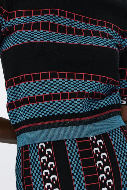 Hudson Knit Jacquard Sweater Fun Checks Blue - Diane Von Furstenberg