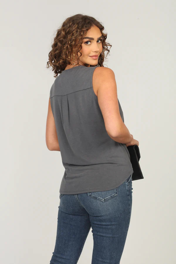 Cupro Sleeveless Surplice Top Charcoal - Veronica M