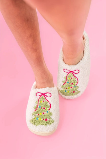Pink Bow Christmas Tree Slippers - Rock Paper Scissors