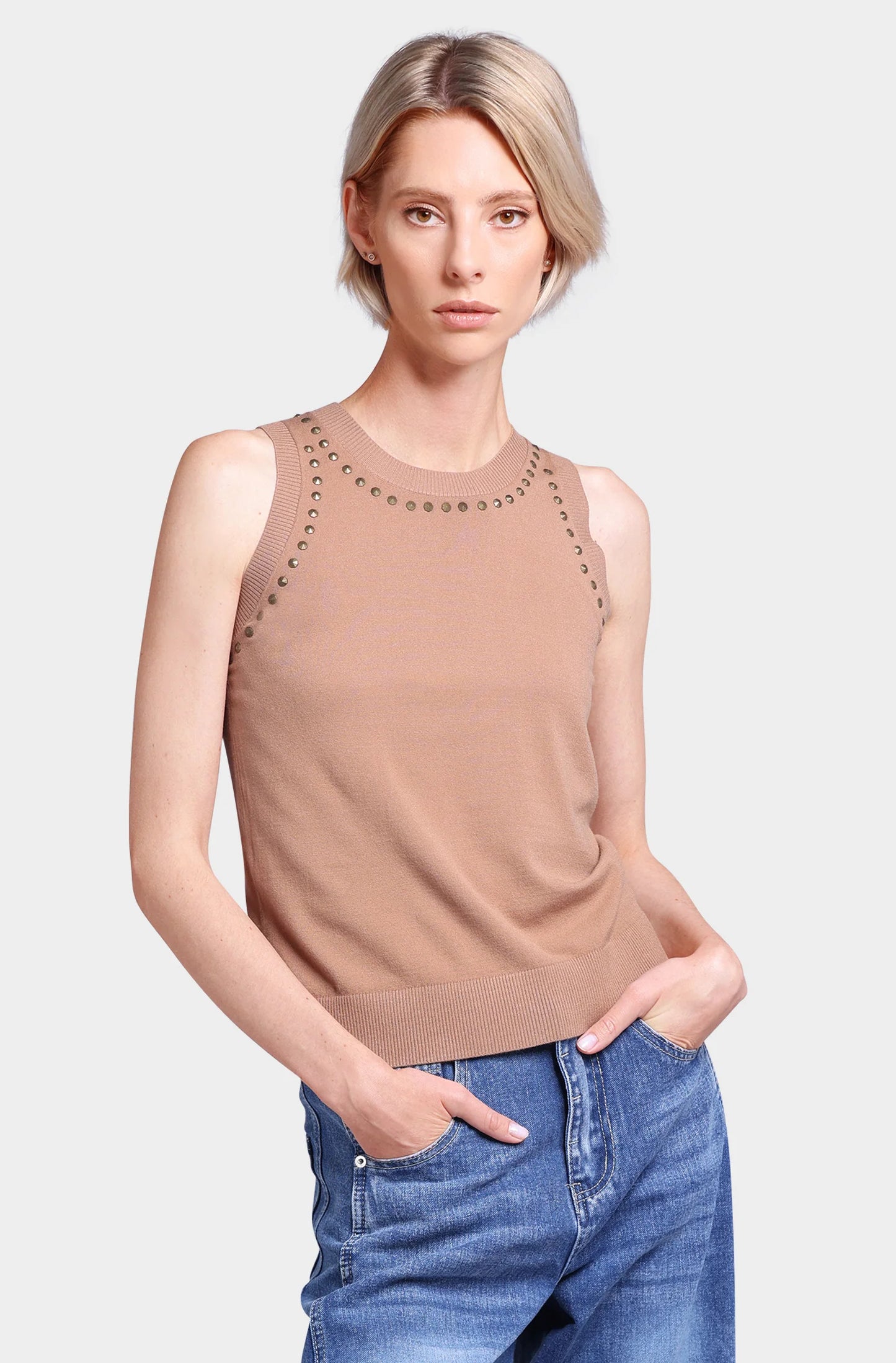 Viscose Blend Sleeveless Top Wit Studs Camel - Minnie Rose