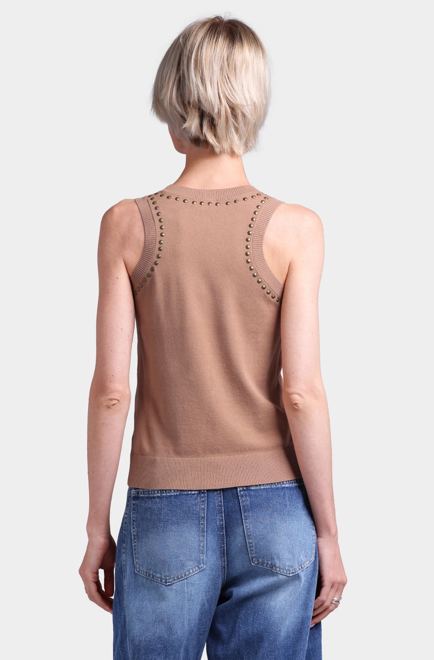 Viscose Blend Sleeveless Top Wit Studs Camel - Minnie Rose