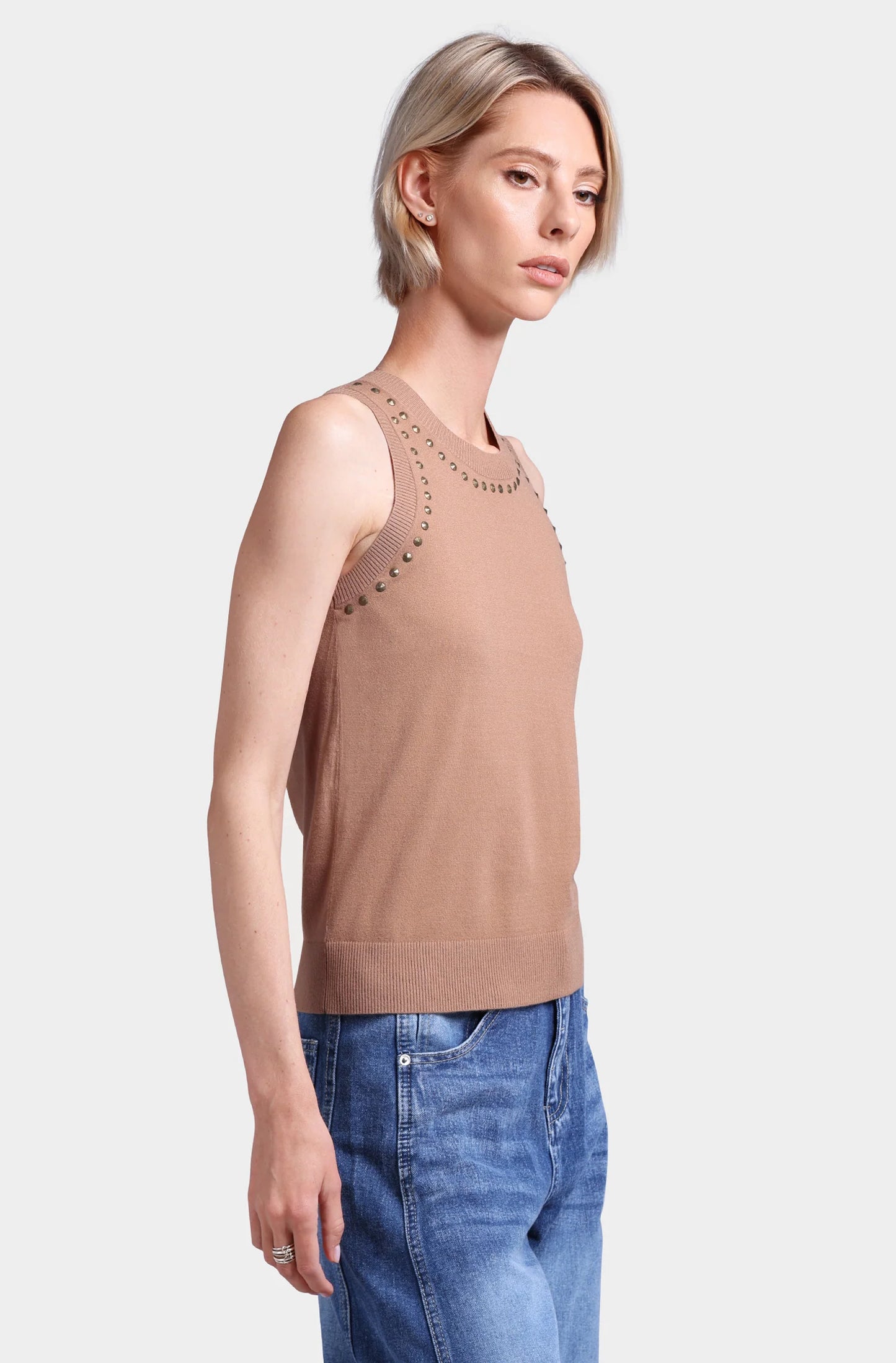 Viscose Blend Sleeveless Top Wit Studs Camel - Minnie Rose