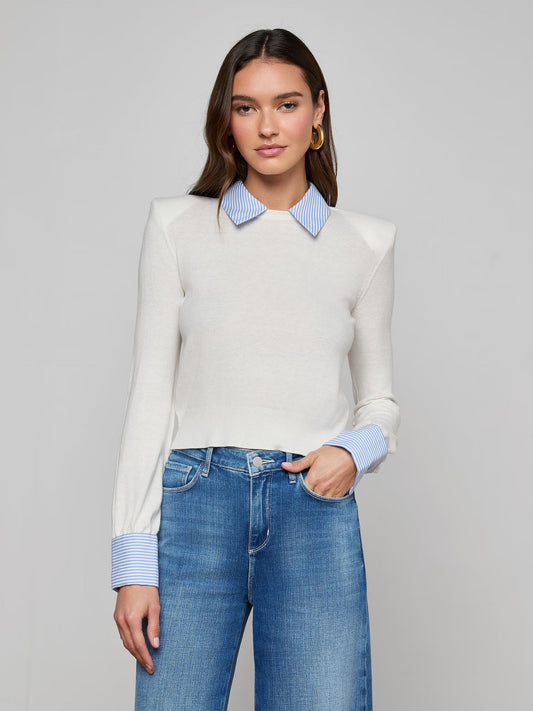 April Poplin Collar Pullover White/Blue Stripe - L'AGENCE
