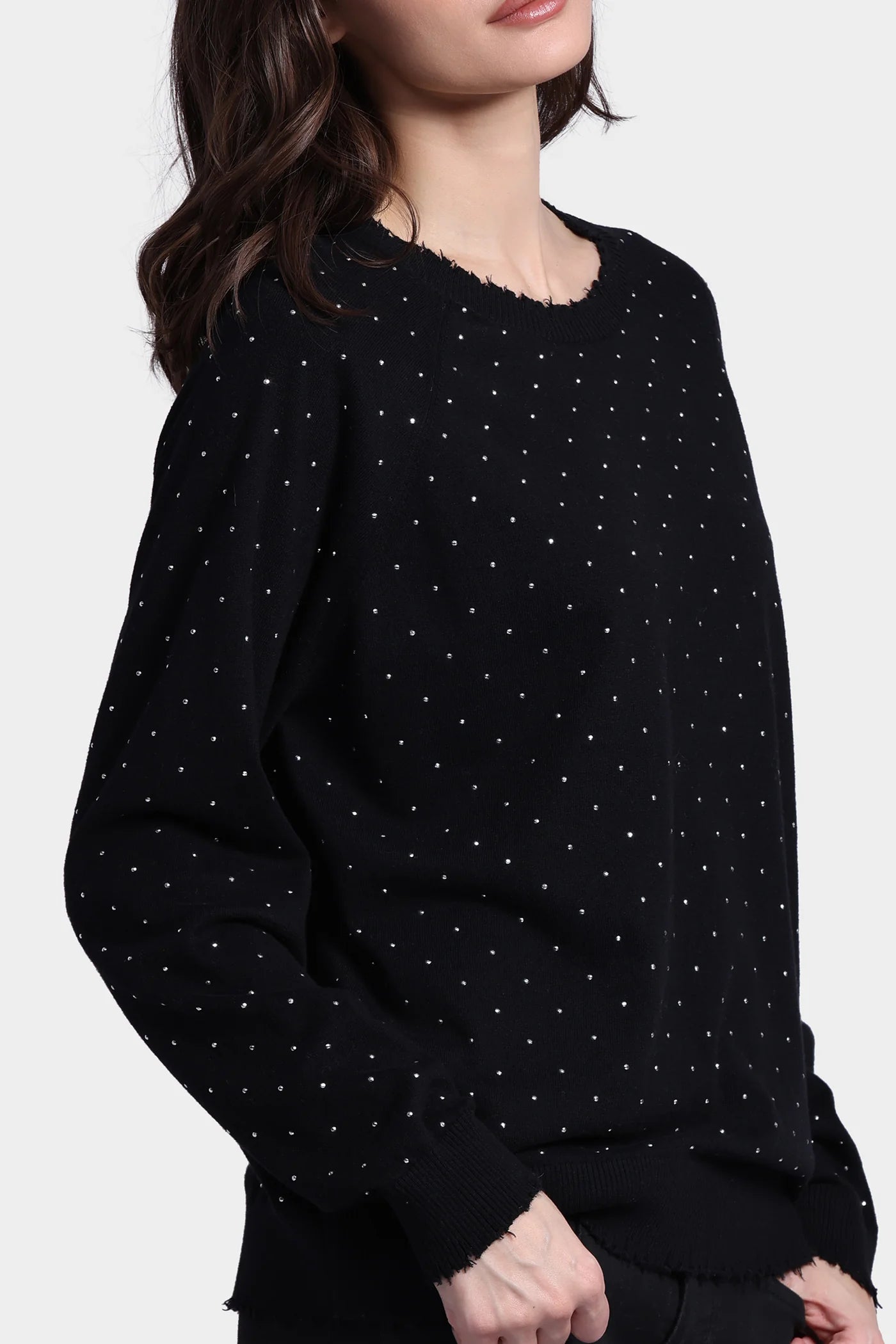 Cotton Cashmere Relaxed Frayed Edge Crew With Studs Black - Minnie Rose