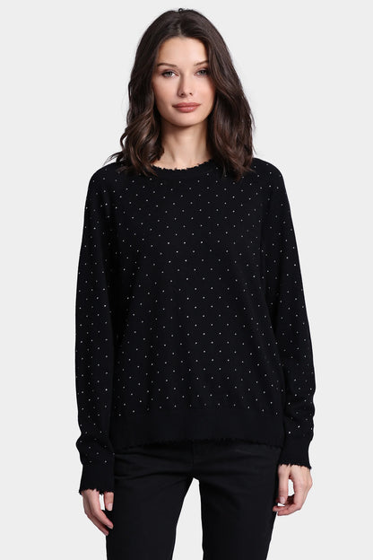 Cotton Cashmere Relaxed Frayed Edge Crew With Studs Black - Minnie Rose